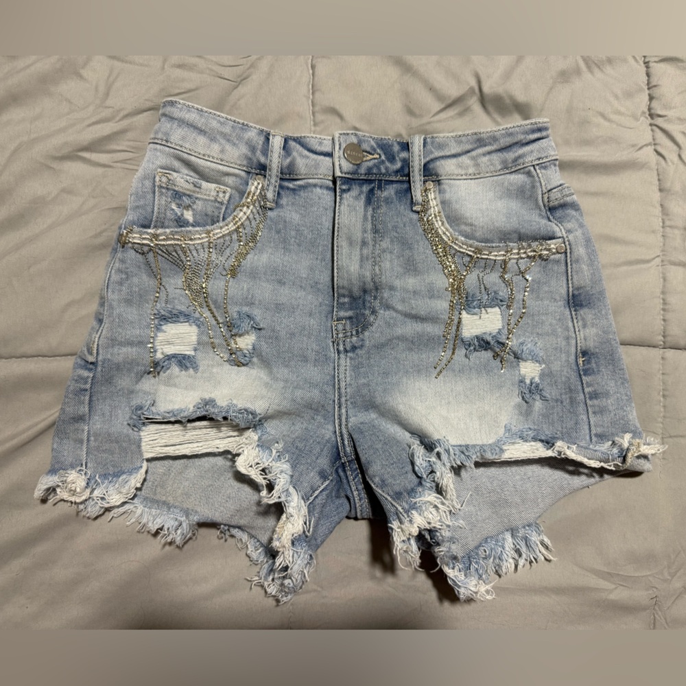 Risen Women's Frayed Hem Denim Shorts with‎ Fringe Detail Pockets